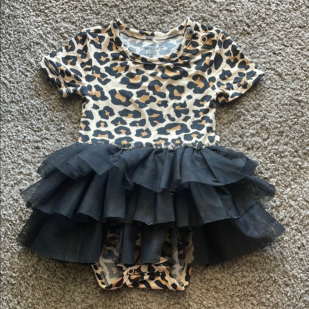 Posh Peanut Leopard Print Baby Onesie with Black Tulle Skirt